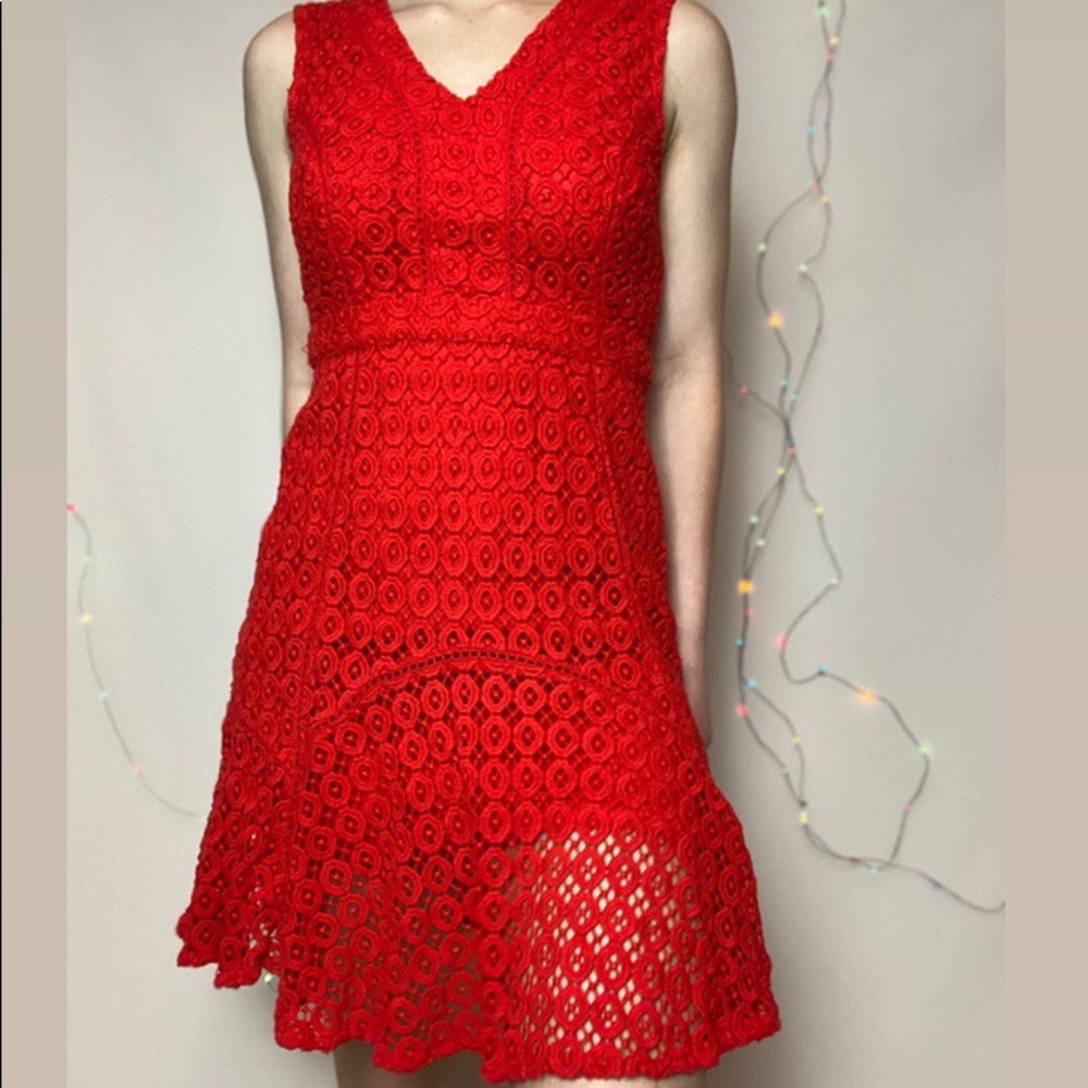 San & Soni for Anthropologie cocktail dress! All red with Embroidered details!